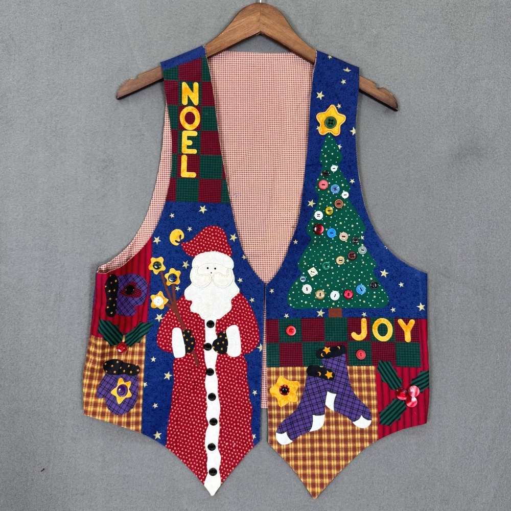 Handmade Christmas Vest Women L Blue Santa Snowman Tree Applique Holiday